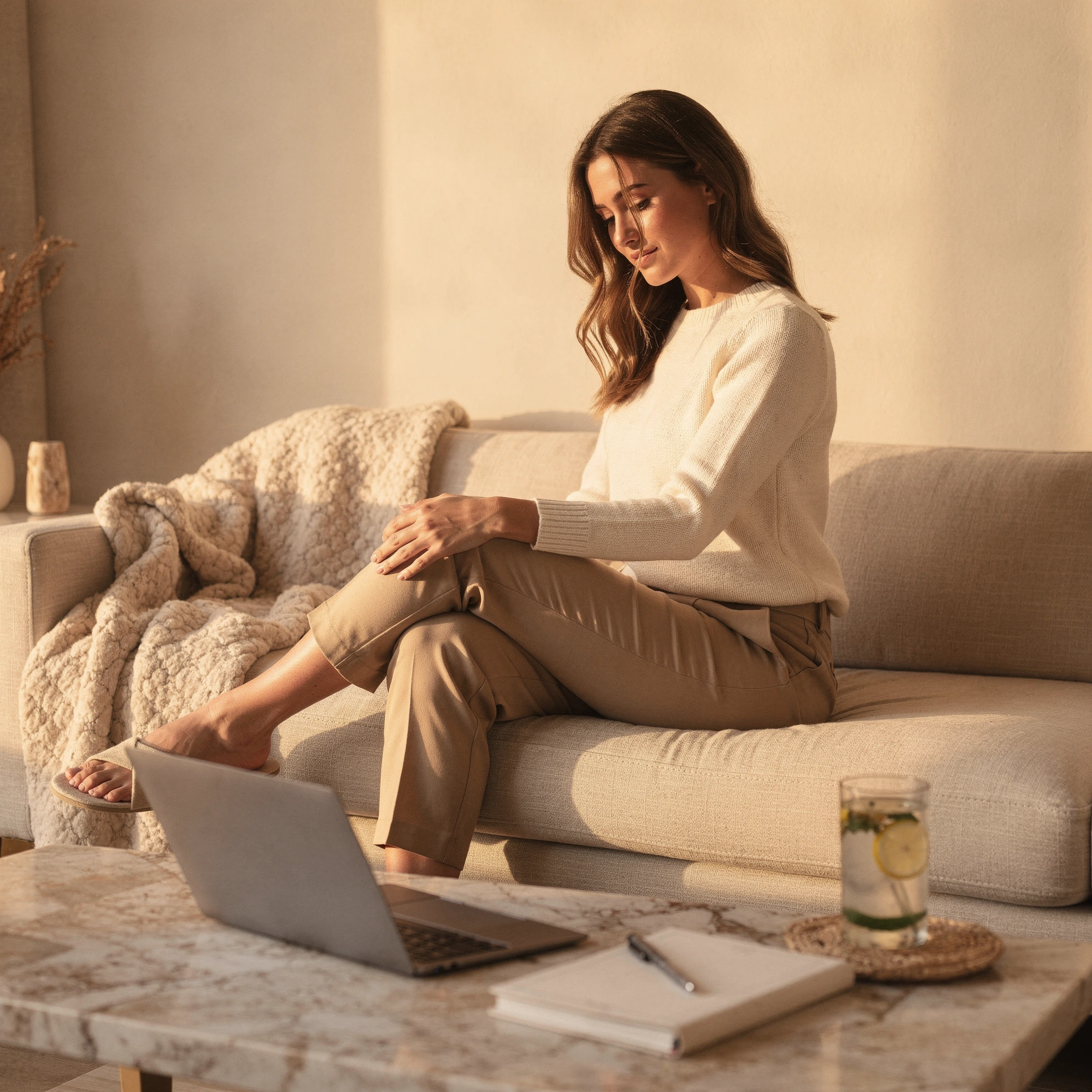Woman in comfortable clothing on a sofa consulting with a laptop during a telehealth weight loss consultation